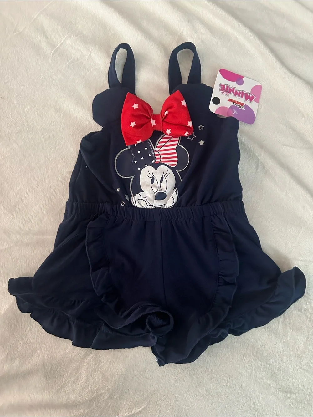 Disney Navy Romper with Red Star Bow Minnie Graphic